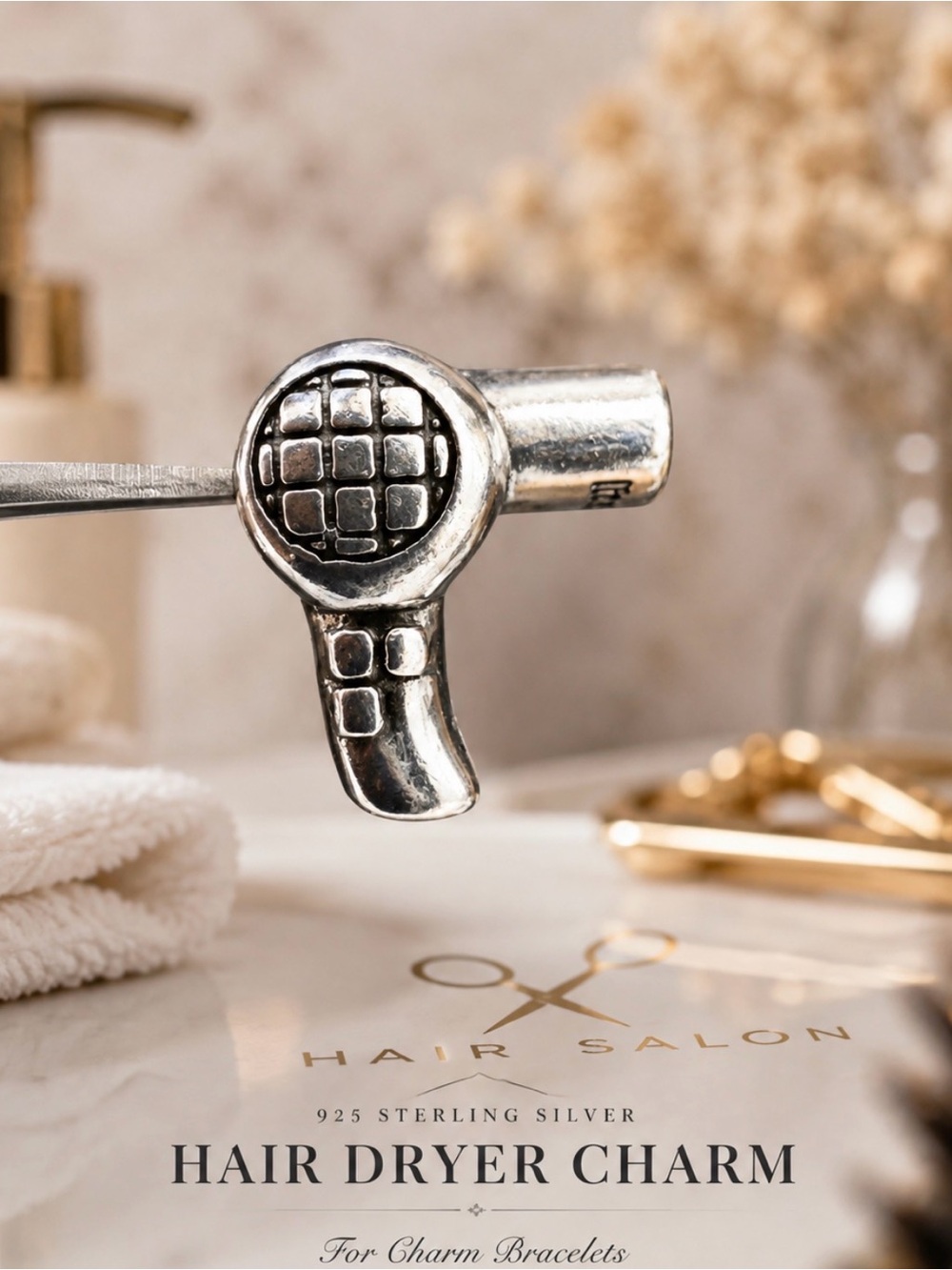 Charm for Bracelet Hair Blowdryer 925 Sterling Silver  Hairdresser Beauty